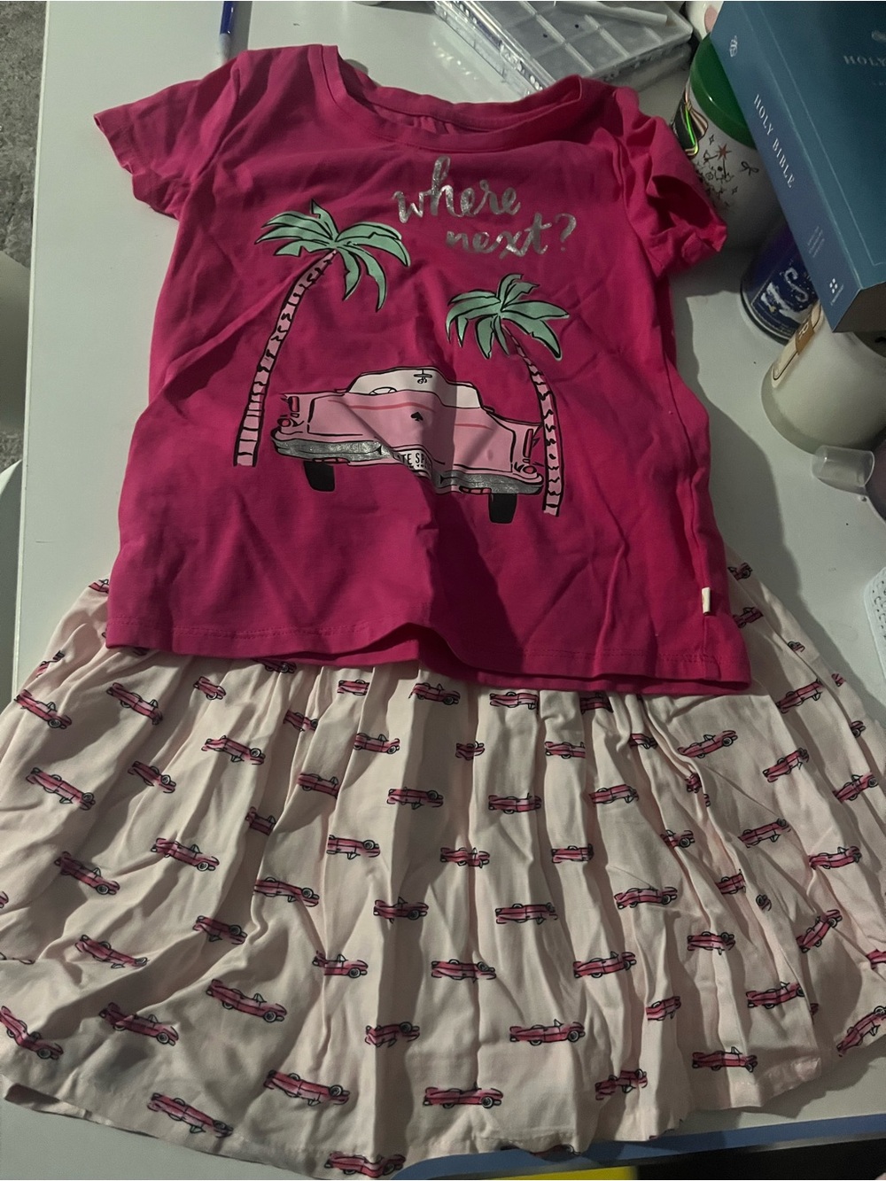 kate spade Pink Car Graphic Tee & Cream Skirt Matching Set